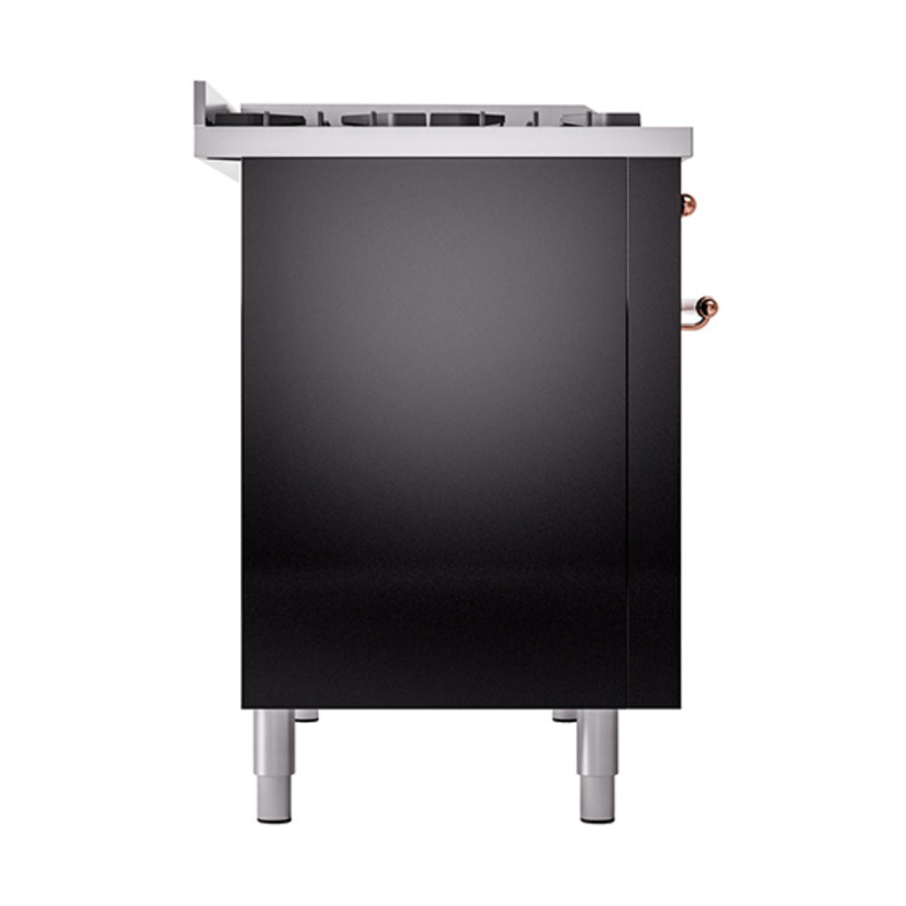Glossy black range side panel with copper control knobs and stainless feet