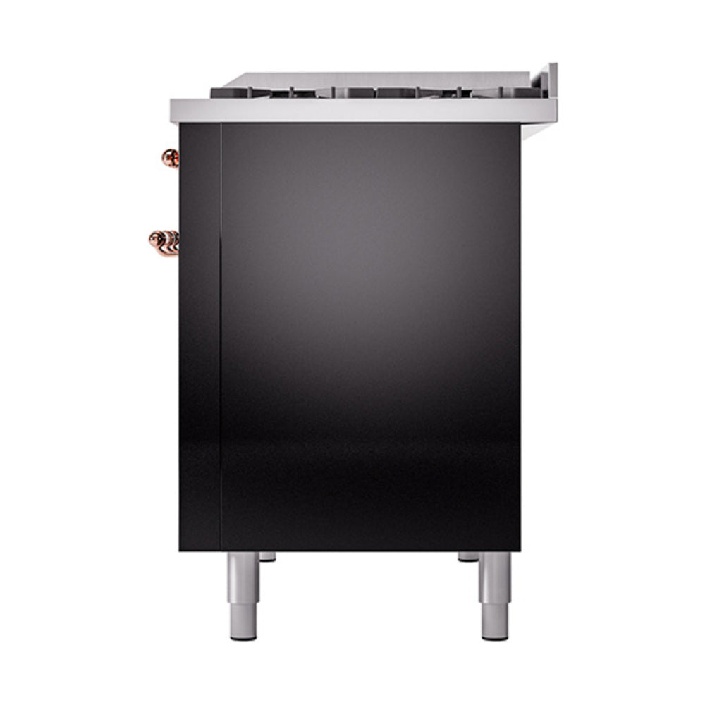 Glossy black range side panel with copper knobs and stainless legs
