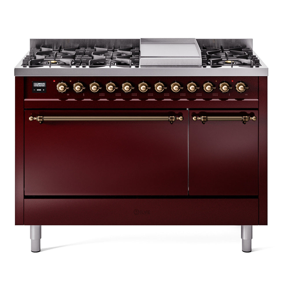 ILVE burgundy dual fuel range with dual doors, control knobs, and burner grates