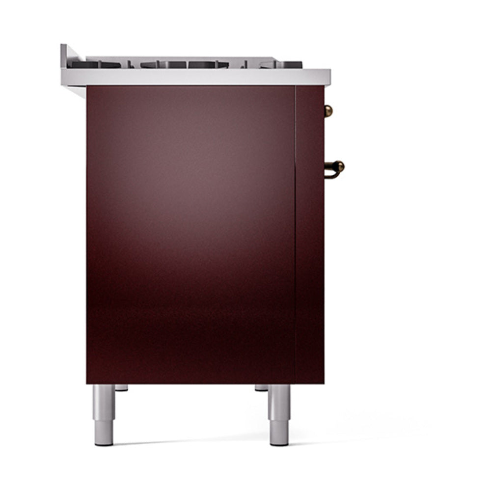 ILVE burgundy range back panel with bronze side handles and vented stainless top