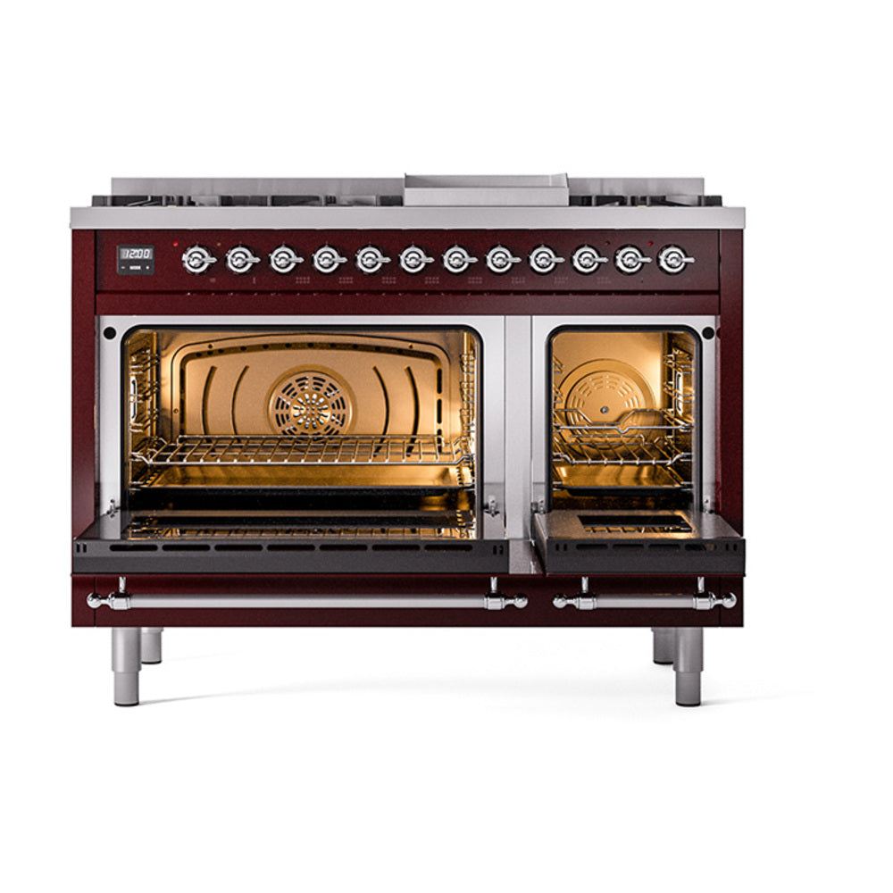 Burgundy dual-fuel range with both oven doors open, chrome racks inside