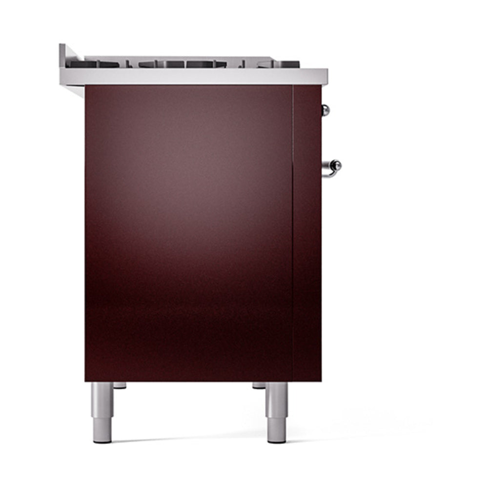 Burgundy solid-door oven with chrome handle and leveling feet