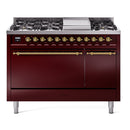 ILVE 48-Inch Nostalgie II Propane Gas Dual Fuel Range with 8 Burners, Griddle, and Solid Door Oven in Burgundy with Brass Trim (UP48FQNMPBUGLP)