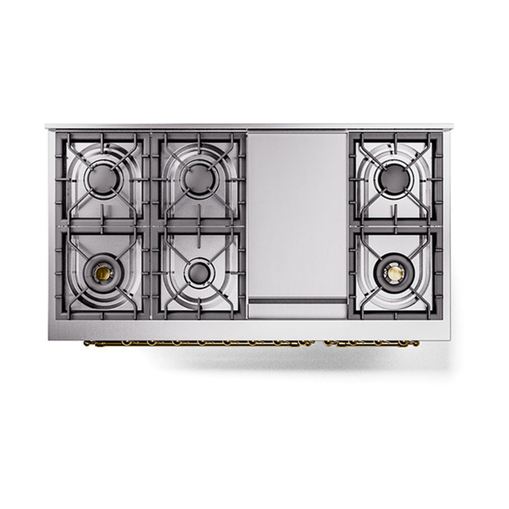 Burgundy gas range cooktop with six burner grates and recessed center panel