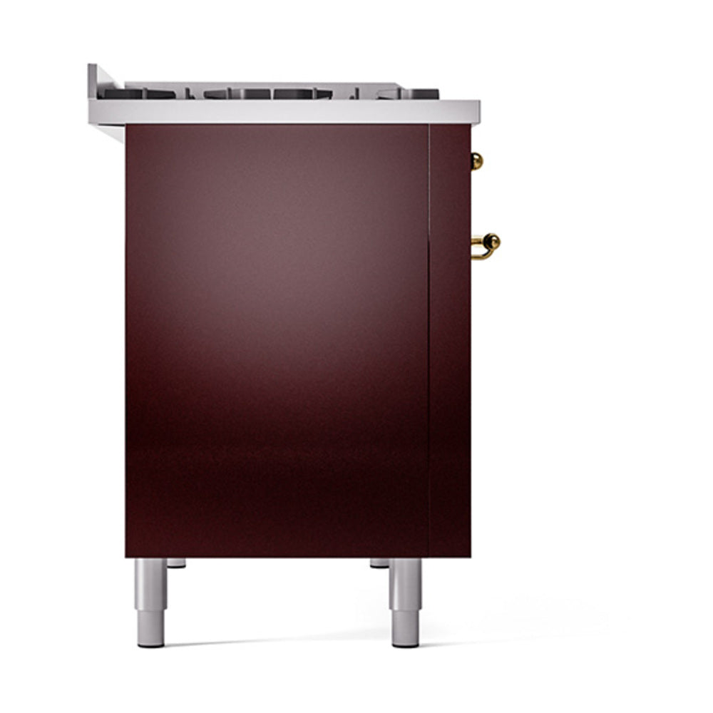 Burgundy solid door oven with brass handle and gray leveling feet