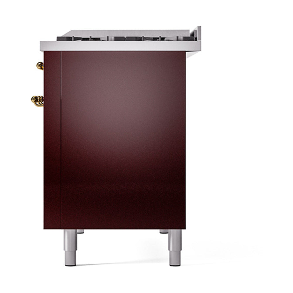 Burgundy solid door oven with brass side knobs and gray leveling feet