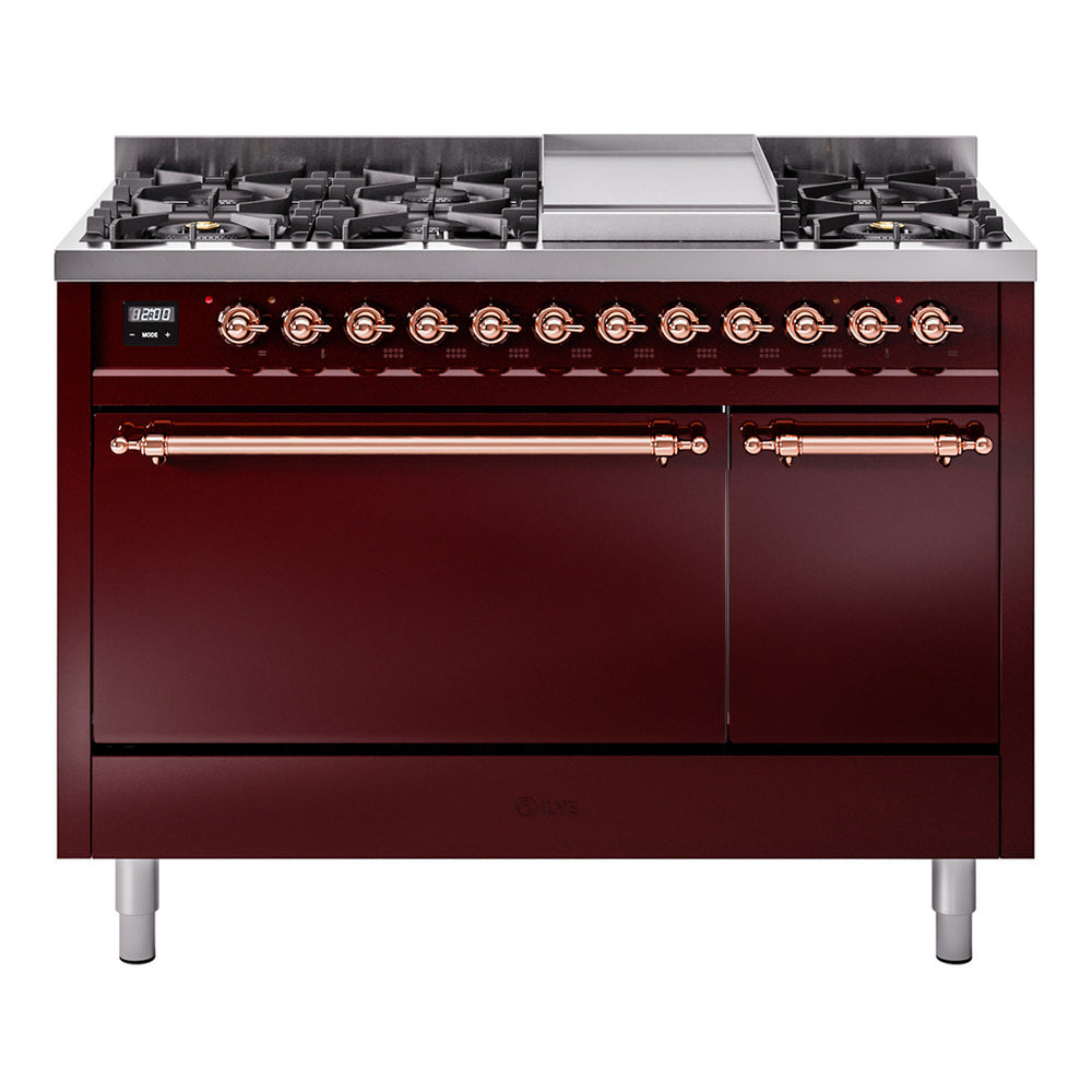 Burgundy dual-fuel gas range with copper-trim control panel and eight burners.