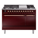 ILVE 48-Inch Nostalgie II Propane Gas Dual Fuel Range with 8 Burners, Griddle, and Solid Door Oven in Burgundy with Copper Trim (UP48FQNMPBUPLP)