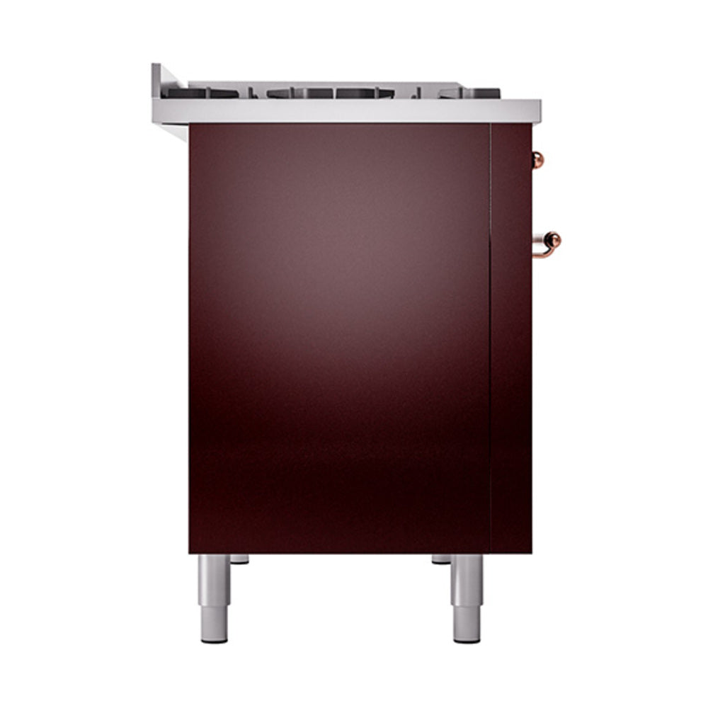 Burgundy solid door oven side panel with copper knobs and stainless top.