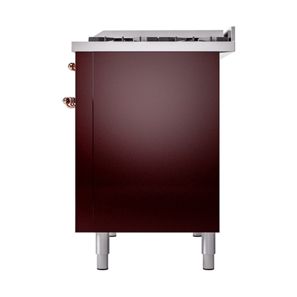 Burgundy solid door oven front panel with copper handles and stainless top.