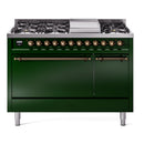 ILVE 48-Inch Nostalgie II Natural Gas Dual Fuel Range with 8 Burners, Griddle, and Solid Door Oven in Emerald Green with Bronze Trim (UP48FQNMPEGB)