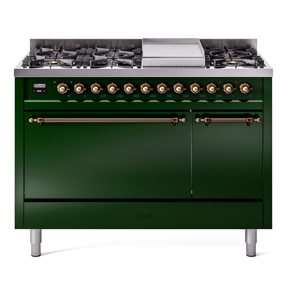 Emerald green dual-fuel range with bronze control knobs and eight burners, front view