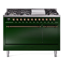 ILVE 48-Inch Nostalgie II Propane Gas Dual Fuel Range with 8 Burners, Griddle, and Solid Door Oven in Emerald Green with Bronze Trim (UP48FQNMPEGBLP)