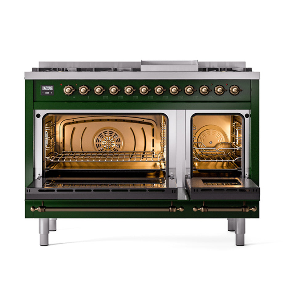 Emerald green range with dual oven doors open, showing racks and interior burners