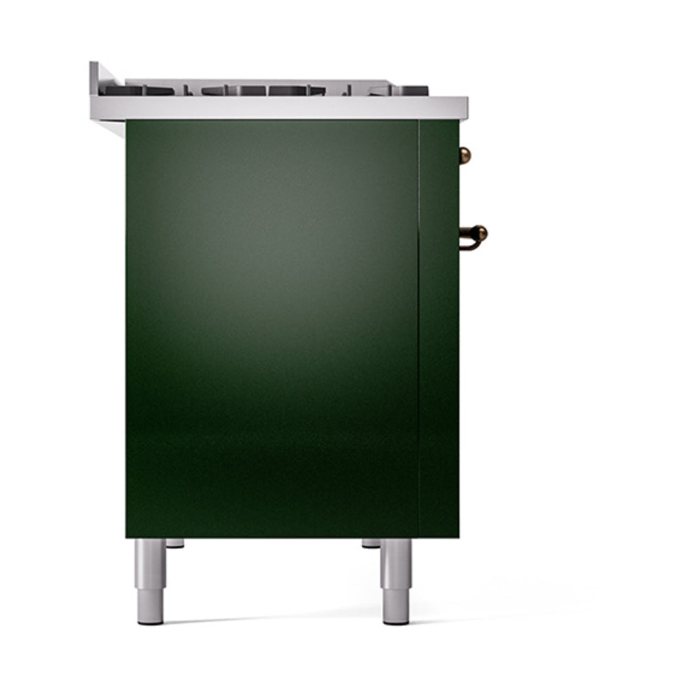 Emerald green range solid door with bronze handle trim and leveling feet, side view