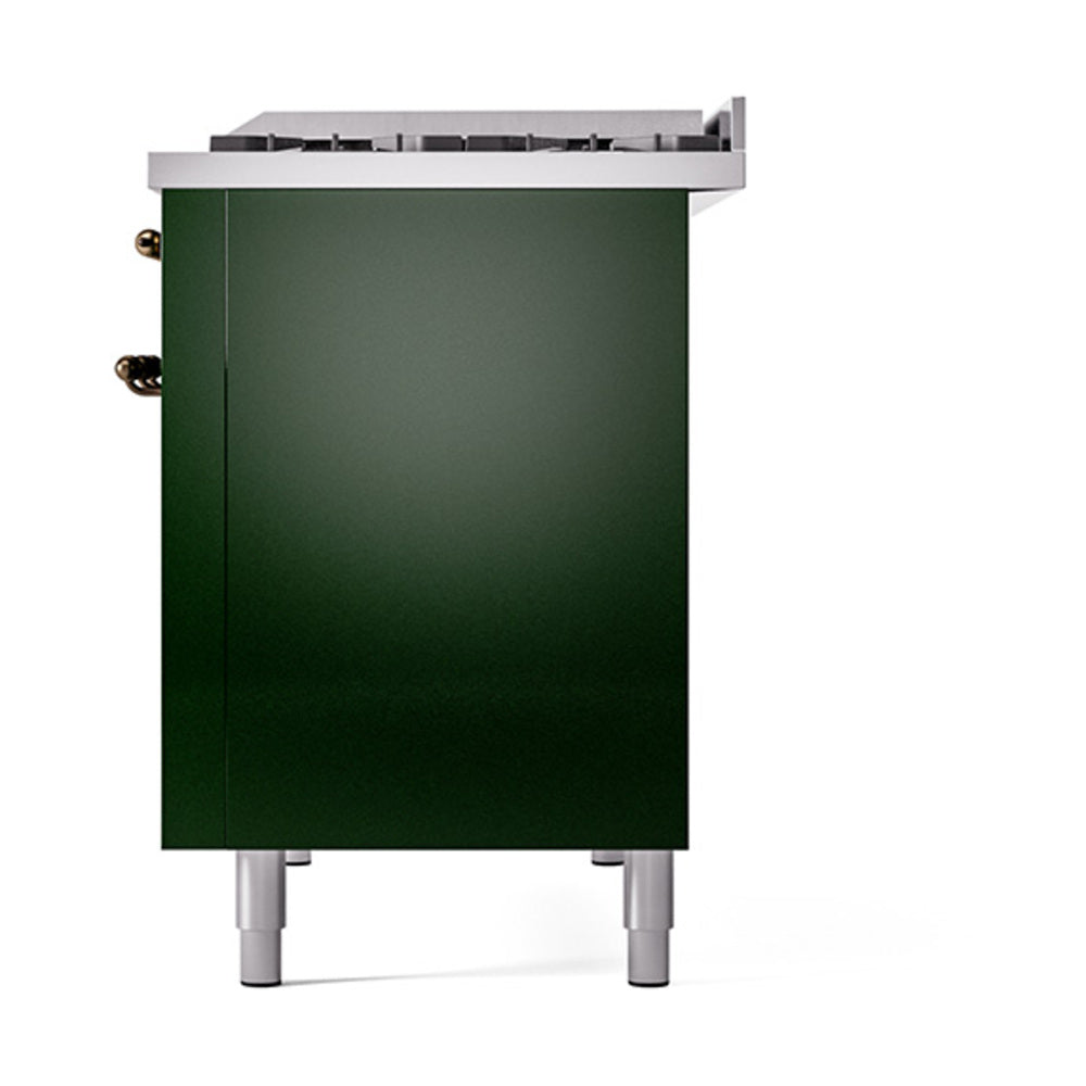 Emerald green range solid panel with bronze handle trim and leveling feet, side view