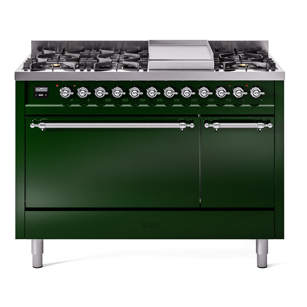 Emerald green dual fuel range with chrome trim, burners and griddle