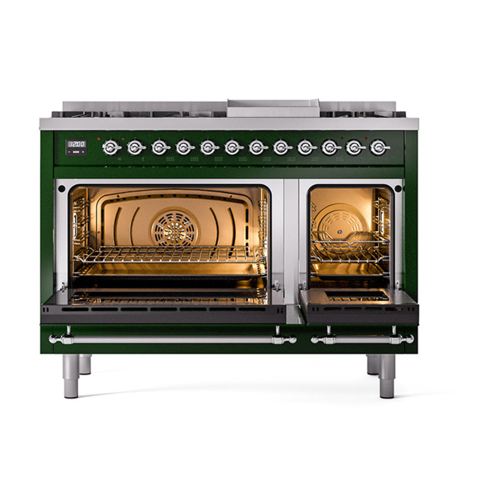 Emerald green range with dual ovens open, chrome racks visible