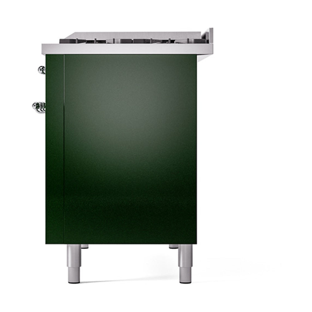 Emerald green solid-door oven base with silver legs and chrome corner hardware