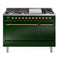 ILVE 48-Inch Nostalgie II Propane Gas Dual Fuel Range with 8 Burners, Griddle, and Solid Door Oven in Emerald Green with Brass Trim (UP48FQNMPEGGLP)