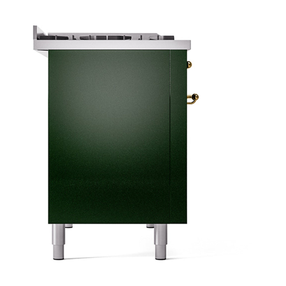 Emerald green range side panel with brass fittings and four leveling legs