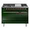 ILVE 48-Inch Nostalgie II Propane Gas Dual Fuel Range with 8 Burners, Griddle, and Solid Door Oven in Emerald Green with Copper Trim (UP48FQNMPEGPLP)