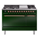 ILVE 48-Inch Nostalgie II Natural Gas Dual Fuel Range with 8 Burners, Griddle, and Solid Door Oven in Emerald Green with Copper Trim (UP48FQNMPEGP)