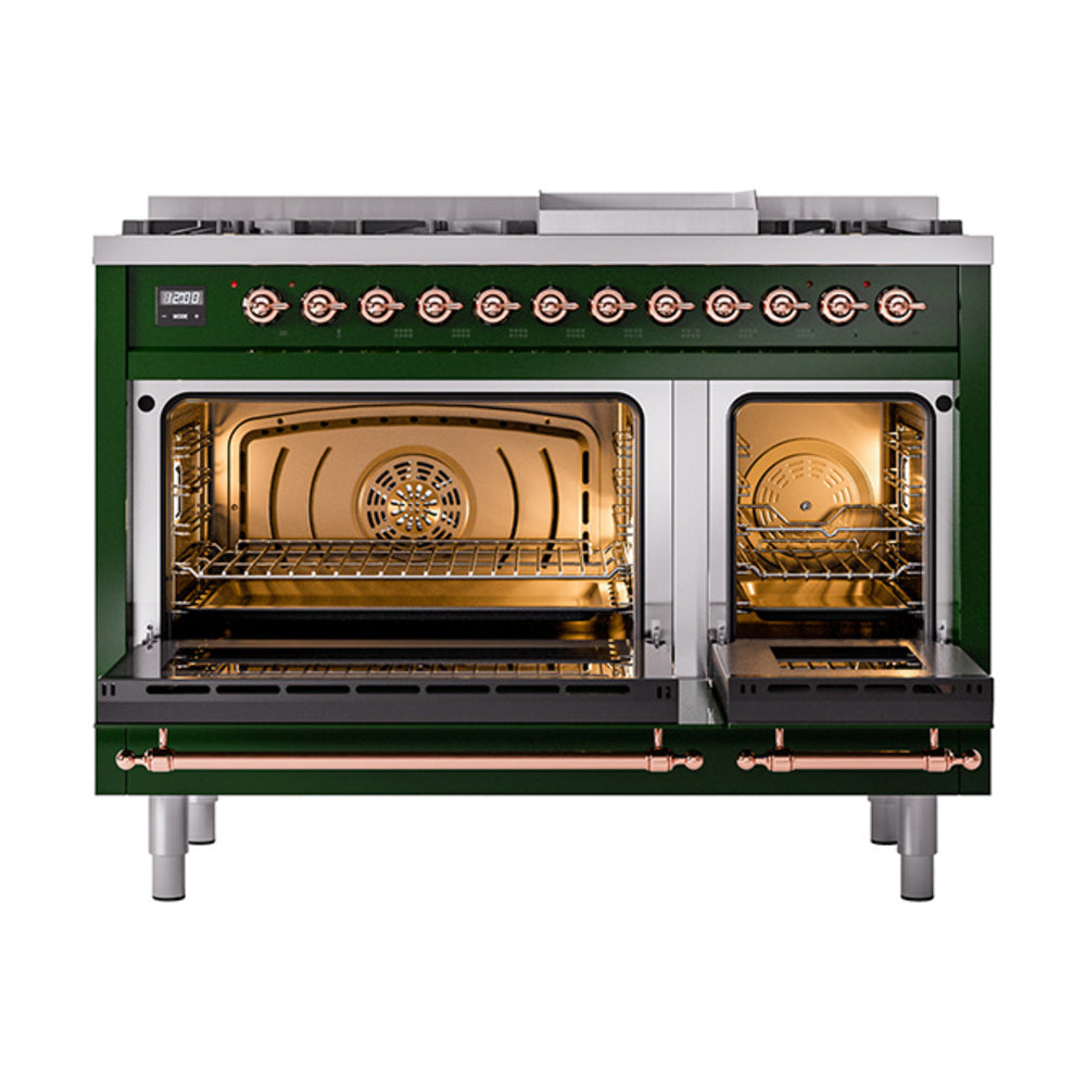 Emerald green dual fuel range with two open ovens and warm-lit oven interiors