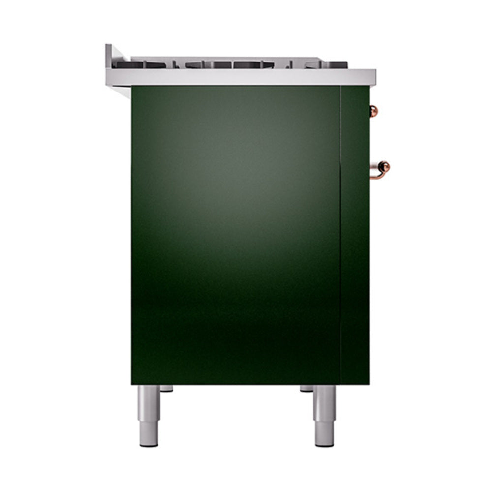 Emerald green oven door with copper handles and stainless top on ILVE range