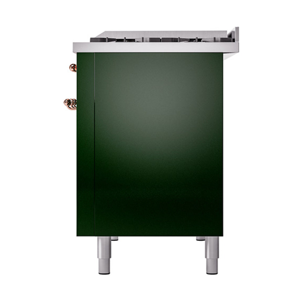 Emerald green side door panel with two copper handles and stainless top on ILVE range