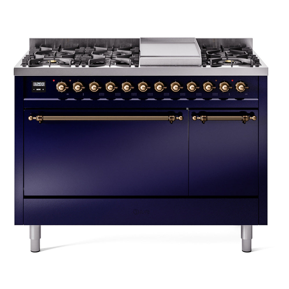Midnight blue dual-fuel range with bronze control knobs, eight gas burners, and griddle