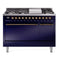 ILVE 48-Inch Nostalgie II Natural Gas Dual Fuel Range with 8 Burners, Griddle, and Solid Door Oven in Midnight Blue with Bronze Trim (UP48FQNMPMBB)