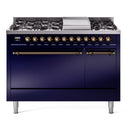 ILVE 48-Inch Nostalgie II Propane Gas Dual Fuel Range with 8 Burners, Griddle, and Solid Door Oven in Midnight Blue with Bronze Trim (UP48FQNMPMBBLP)