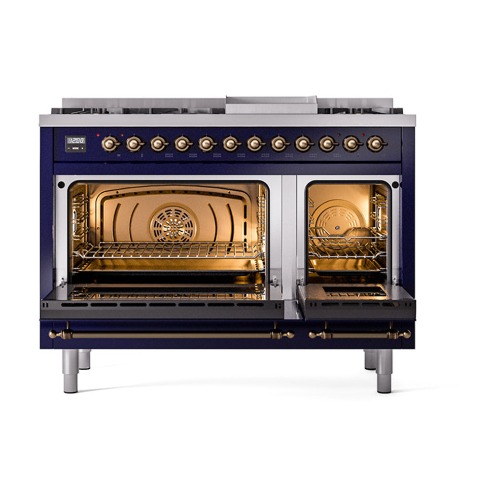 Midnight blue dual fuel range with open solid-door oven and gold burner controls