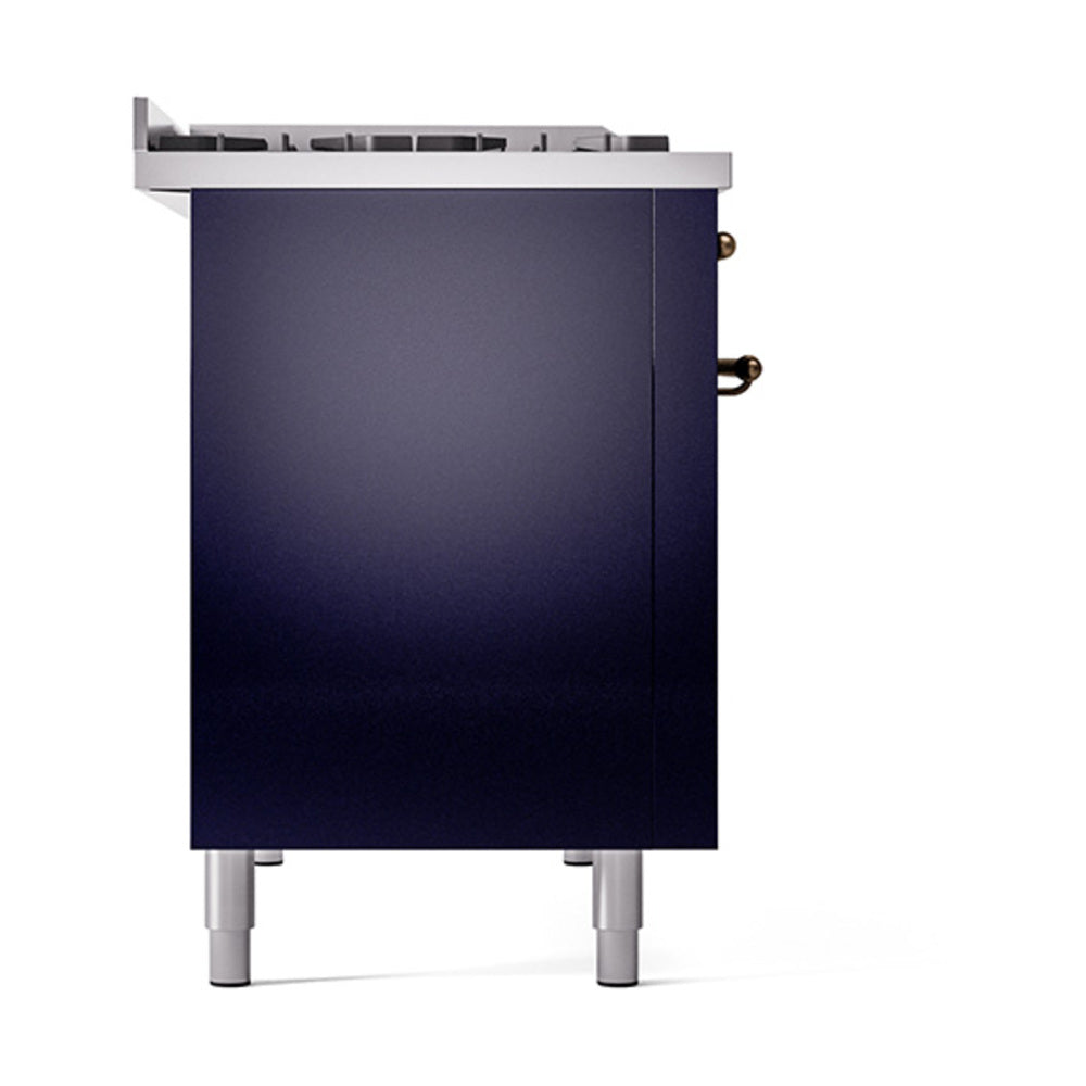 Midnight blue solid door oven side panel with bronze knobs and silver legs