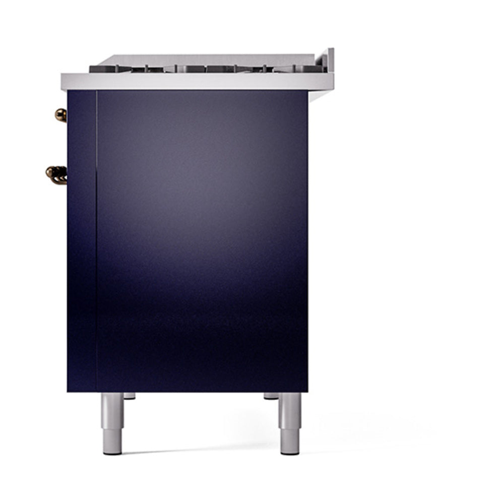 Midnight blue dual-fuel range with solid door and bronze hardware, side view