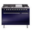 ILVE 48-Inch Nostalgie II Propane Gas Dual Fuel Range with 8 Burners, Griddle, and Solid Door Oven in Midnight Blue with Chrome Trim (UP48FQNMPMBCLP)
