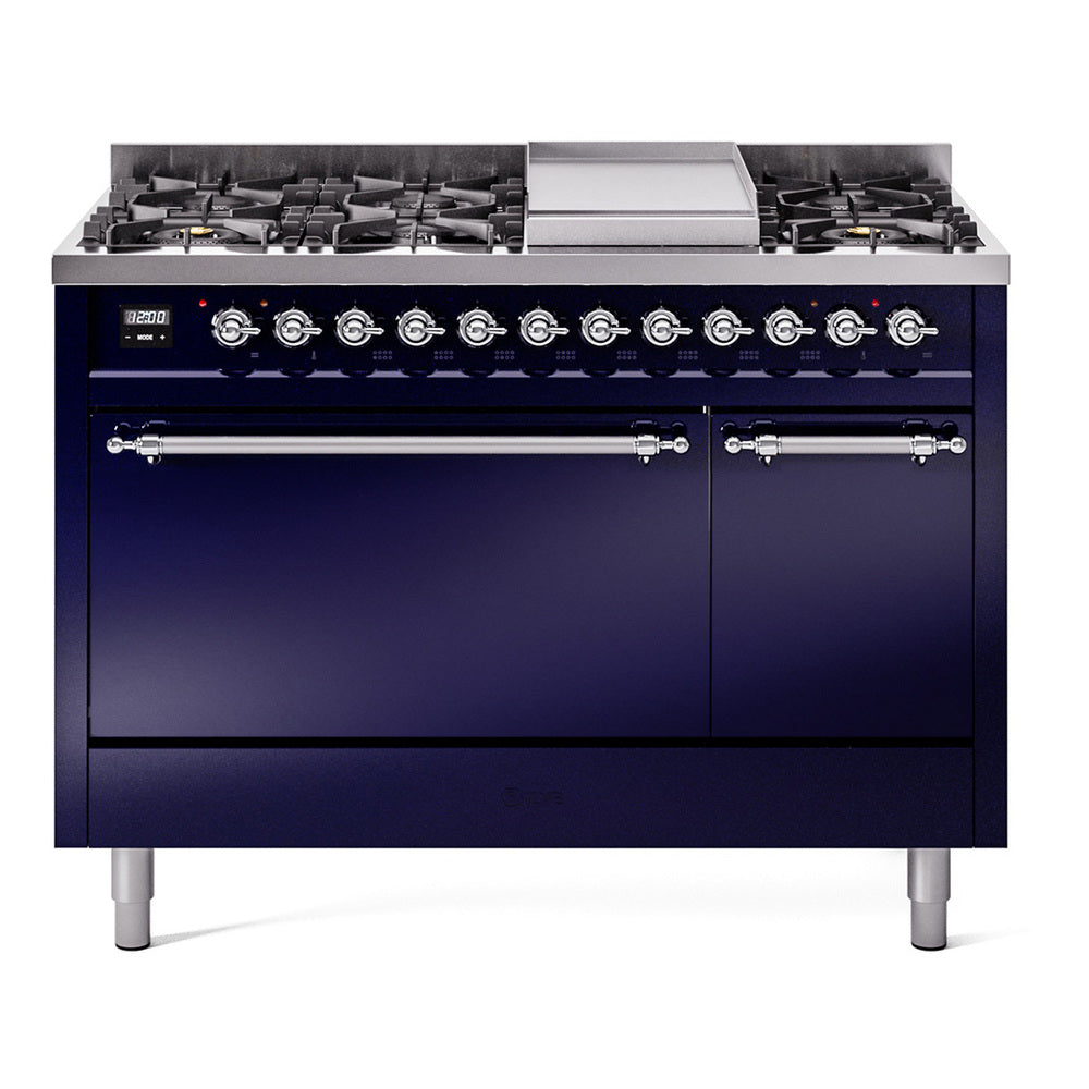 Midnight blue dual fuel range with 8 burners, griddle, and solid oven doors, chrome trim