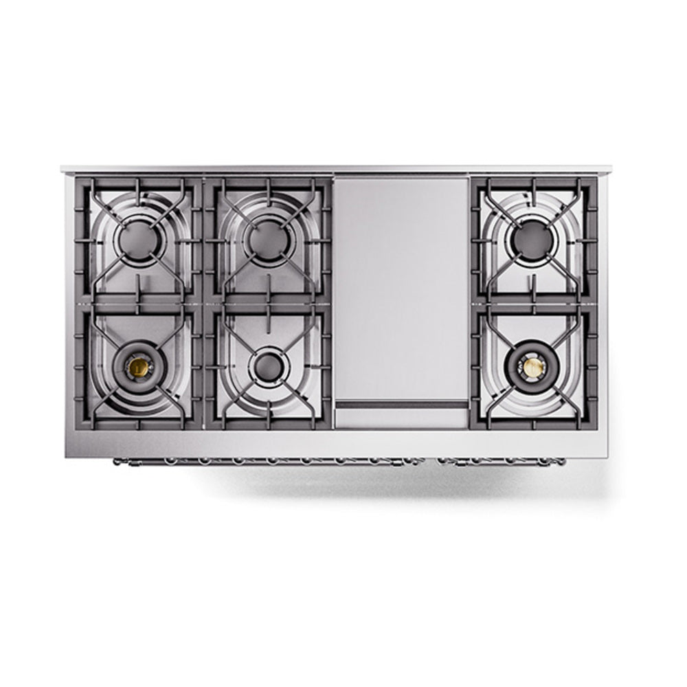 Metal burner grates and controls underside layout with visible gas valve ports