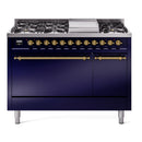 ILVE 48-Inch Nostalgie II Propane Gas Dual Fuel Range with 8 Burners, Griddle, and Solid Door Oven in Midnight Blue with Brass Trim (UP48FQNMPMBGLP)