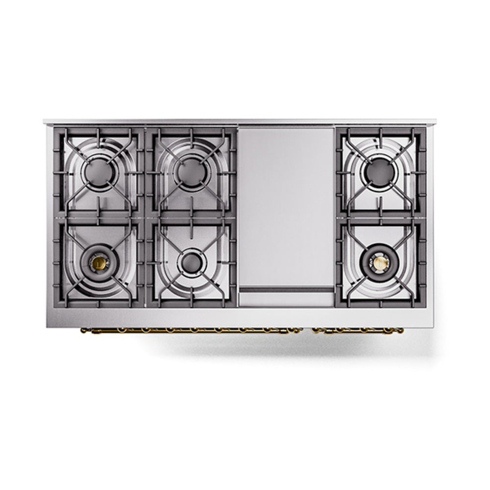 Midnight blue dual-fuel range base with integrated burner grates and controls