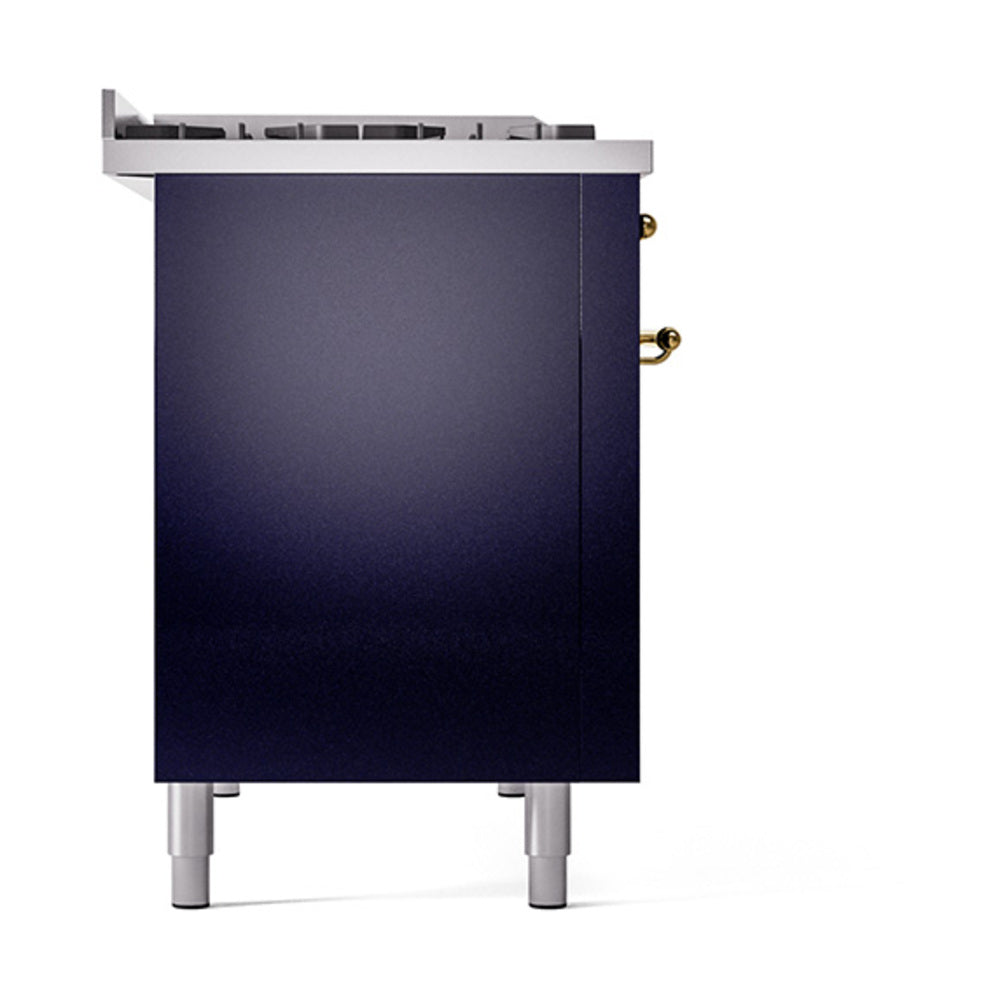 Midnight blue solid door oven side panel with brass hardware and silver legs