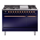 ILVE 48-Inch Nostalgie II Propane Gas Dual Fuel Range with 8 Burners, Griddle, and Solid Door Oven in Midnight Blue with Copper Trim (UP48FQNMPMBPLP)