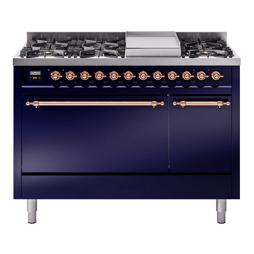 Midnight blue gas dual-fuel range with copper control panel and 8 burners