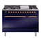ILVE 48-Inch Nostalgie II Natural Gas Dual Fuel Range with 8 Burners, Griddle, and Solid Door Oven in Midnight Blue with Copper Trim (UP48FQNMPMBP)