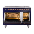 ILVE 48-Inch Nostalgie II Natural Gas Dual Fuel Range with 8 Burners, Griddle, and Solid Door Oven in Midnight Blue with Copper Trim (UP48FQNMPMBP)