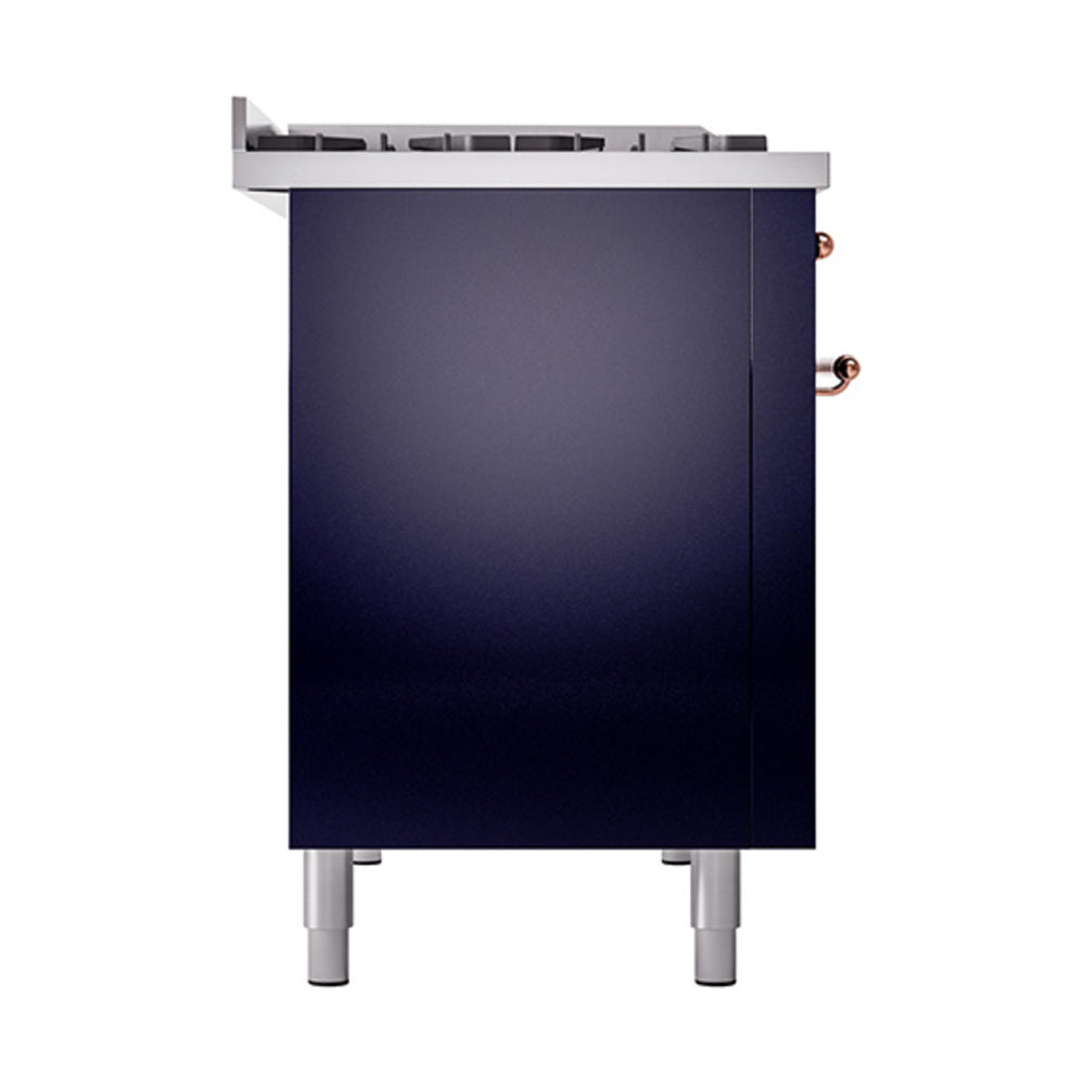 Midnight blue dual-fuel range side panel with copper knobs and four leveling legs