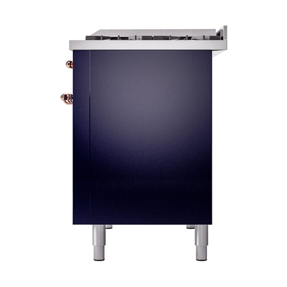 Midnight blue dual-fuel range rear side panel with copper knobs and leveling feet