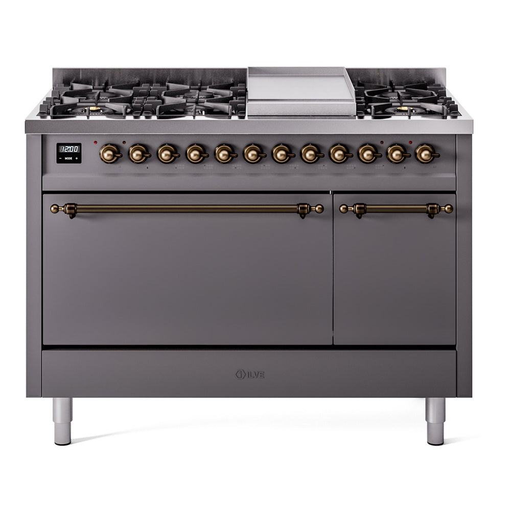Matte graphite dual fuel range with burners, griddle, and two oven doors