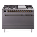 ILVE 48-Inch Nostalgie II Propane Gas Dual Fuel Range with 8 Burners, Griddle, and Solid Door Oven in Matte Graphite with Bronze Trim (UP48FQNMPMGBLP)